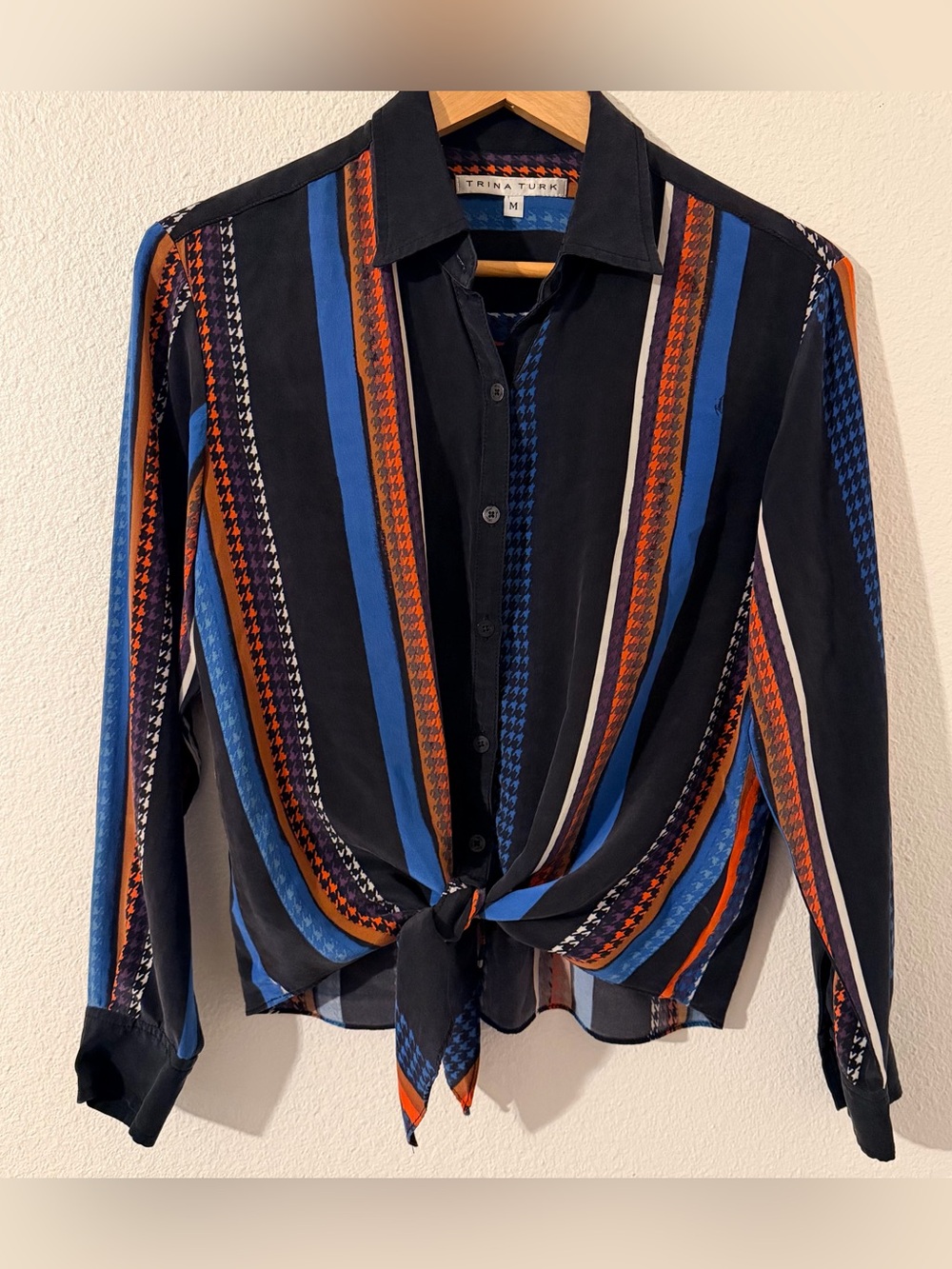 Trina Turk Black Blue Orange Striped Button-Down Tie-Front Shirt